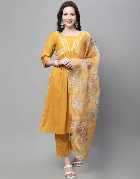 Designer Party Wear Readymade Suit Mustard Cotton Silk Blend Pant Straight Front View