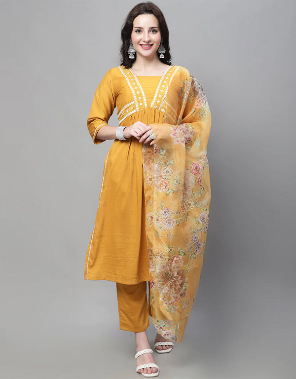 Designer Party Wear Readymade Suit Mustard Cotton Silk Blend Pant Straight Front View