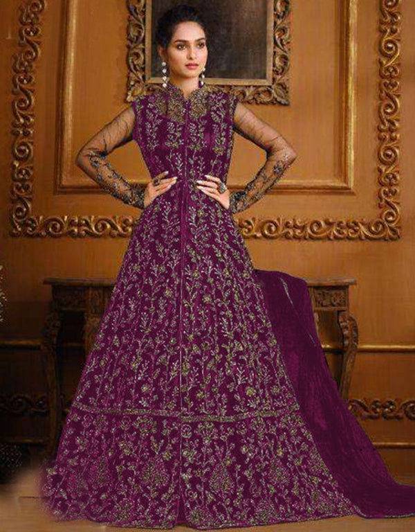 Designer Party Wear Heavy Readymade Salwar Suit Collectio Purple Heavy Butterfly Net Pant Anarkali Front View