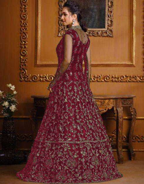 Designer Party Wear Heavy Readymade Salwar Suit Collectio Maroon Heavy Butterfly Net Pant Anarkali Close-up View