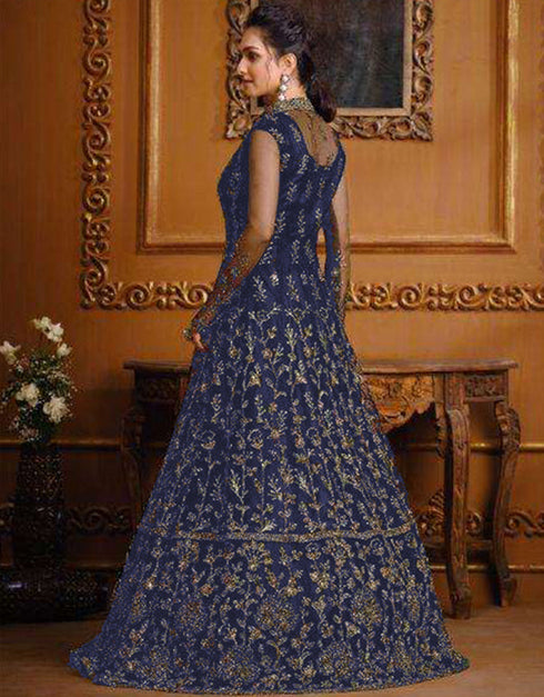 Designer Party Wear Heavy Readymade Salwar Suit Collectio Navy Blue Heavy Butterfly Net Pant Anarkali Close-up View