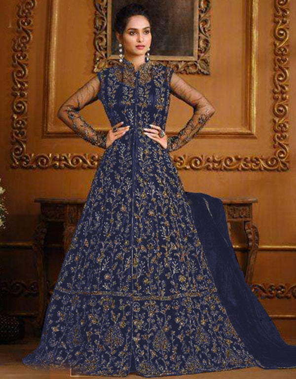 Designer Party Wear Heavy Readymade Salwar Suit Collectio Navy Blue Heavy Butterfly Net Pant Anarkali Front View