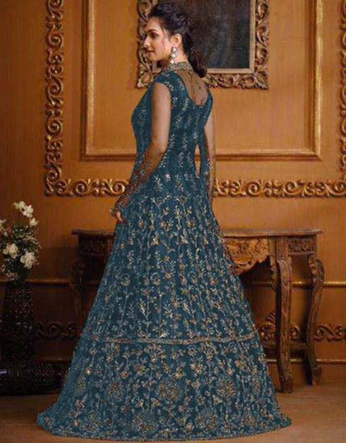 Designer Party Wear Heavy Readymade Salwar Suit Collectio Teal Heavy Butterfly Net Pant Anarkali Close-up View