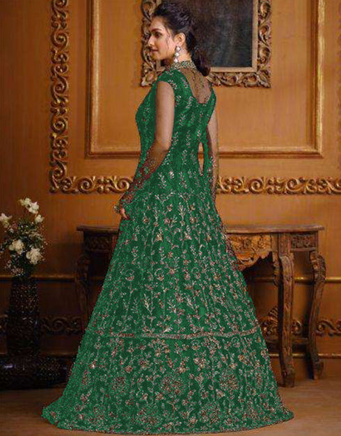 Designer Party Wear Heavy Readymade Salwar Suit Collectio Green Heavy Butterfly Net Pant Anarkali Close-up View