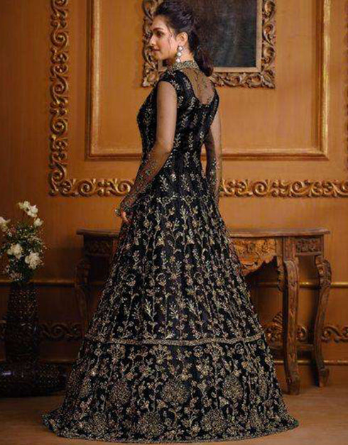 Designer Party Wear Heavy Readymade Salwar Suit Collectio Black Heavy Butterfly Net Pant Anarkali Close-up View