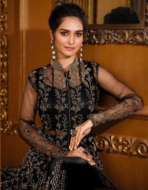 Designer Party Wear Heavy Readymade Salwar Suit Collectio Black Heavy Butterfly Net Pant Anarkali Front View