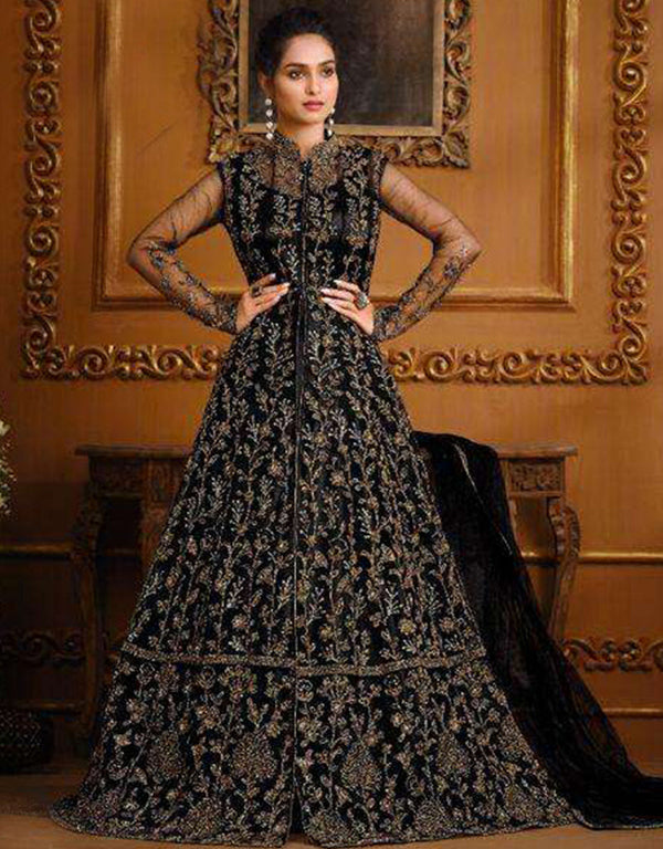 Designer Party Wear Heavy Readymade Salwar Suit Collectio Black Heavy Butterfly Net Pant Anarkali Front View