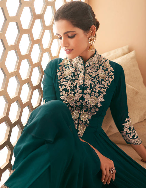 Designer Party Wear Readymade Suit Green Heavy Georgett Pant Anarkali Close-up View