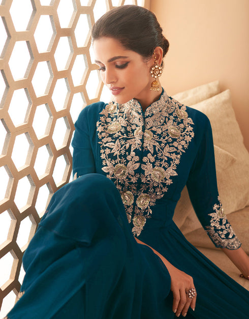Designer Party Wear Readymade Suit Teal Heavy Georgett Pant Anarkali Close-up View
