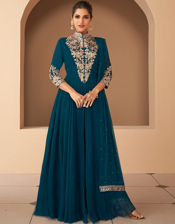 Designer Party Wear Readymade Suit Teal Heavy Georgett Pant Anarkali Front View