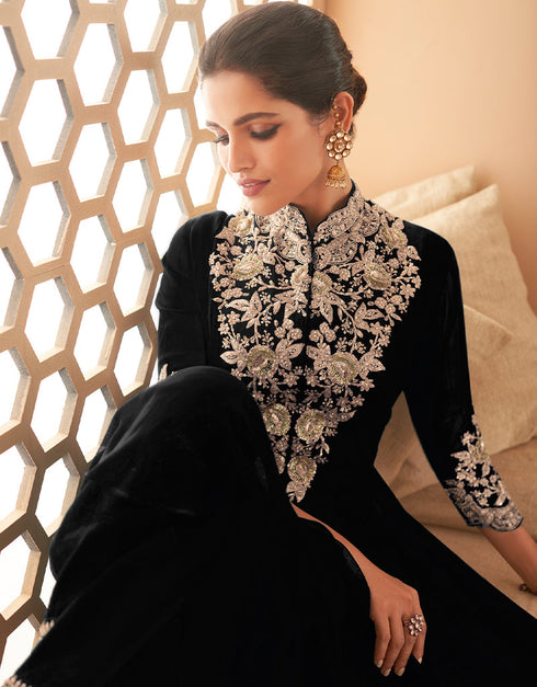Designer Party Wear Readymade Suit Black Heavy Georgett Pant Anarkali Close-up View