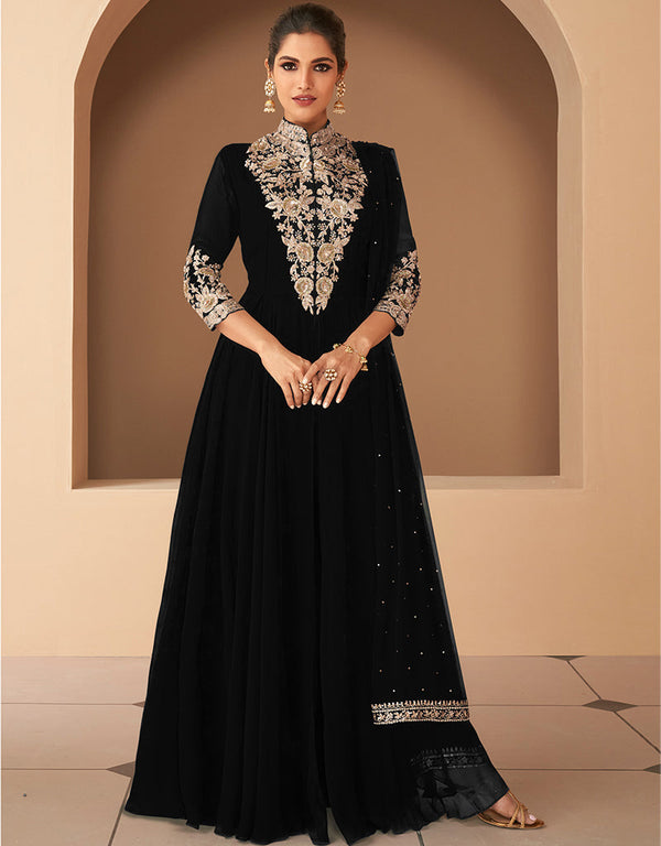 Designer Party Wear Readymade Suit Black Heavy Georgett Pant Anarkali Front View
