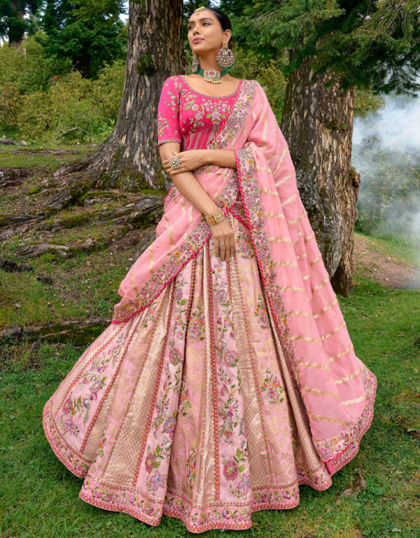 Designer Bridal Silk Heavy Lehenga Choli Collection Pink Pure Raw Silk Lehenga Choli Front View