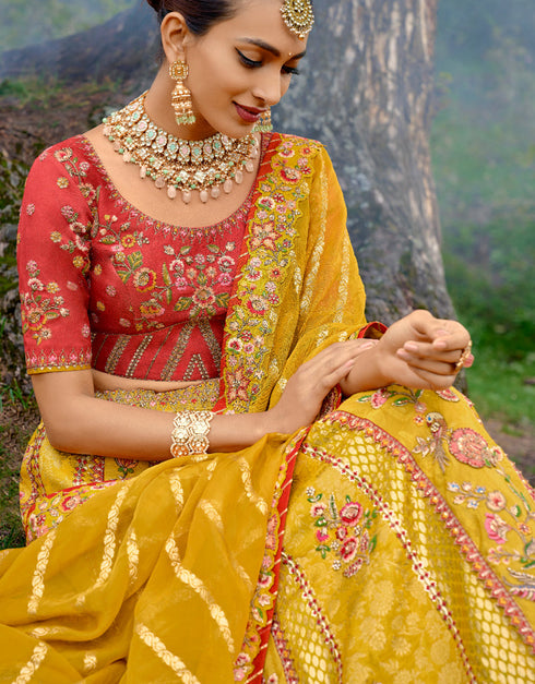 Designer Bridal Silk Heavy Lehenga Choli Collection Rust Pure Raw Silk Lehenga Choli Close-up View