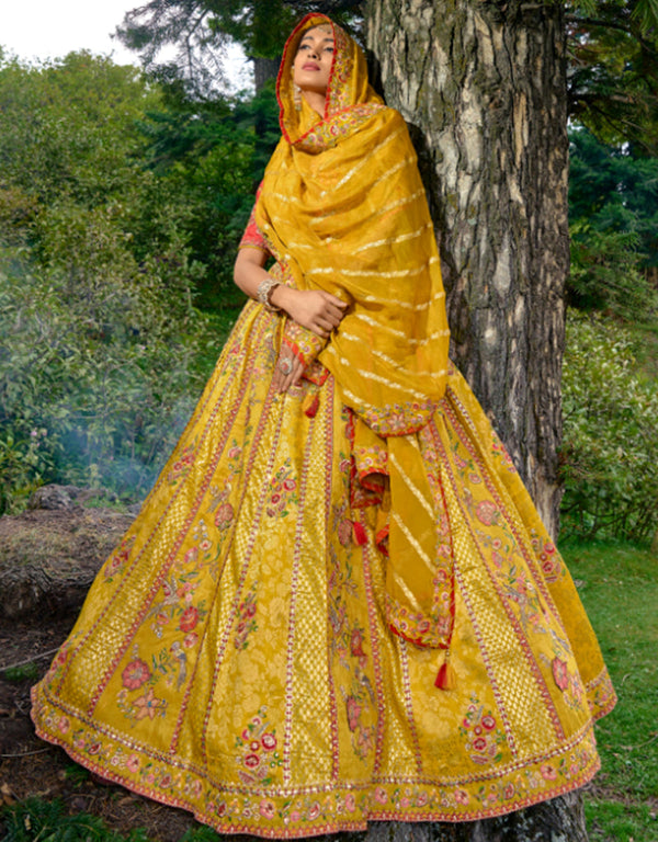 Designer Bridal Silk Heavy Lehenga Choli Collection Rust Pure Raw Silk Lehenga Choli Front View