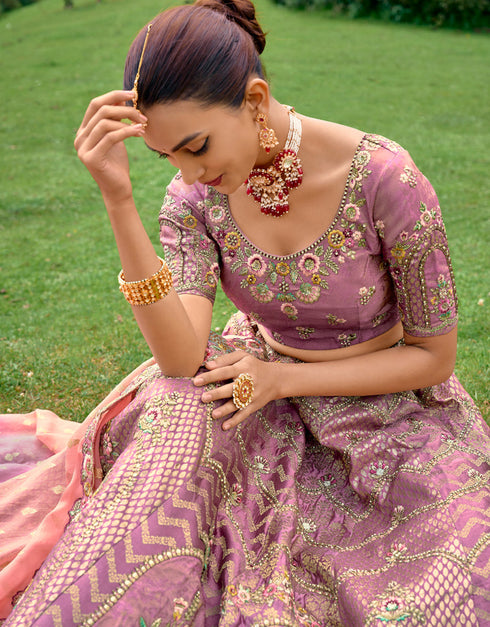 Designer Bridal Silk Heavy Lehenga Choli Collection Lavender Pure Raw Silk Lehenga Choli Close-up View