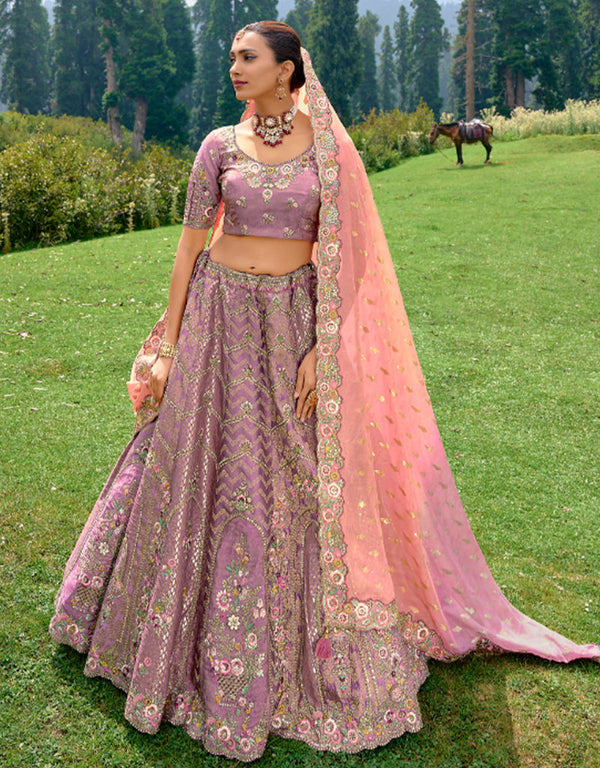 Designer Bridal Silk Heavy Lehenga Choli Collection Lavender Pure Raw Silk Lehenga Choli Front View