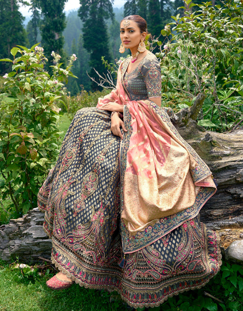 Designer Bridal Silk Heavy Lehenga Choli Collection Grey Pure Raw Silk Lehenga Choli Close-up View