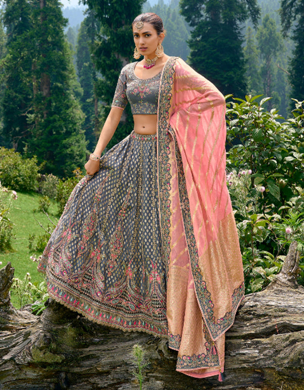 Designer Bridal Silk Heavy Lehenga Choli Collection Grey Pure Raw Silk Lehenga Choli Front View