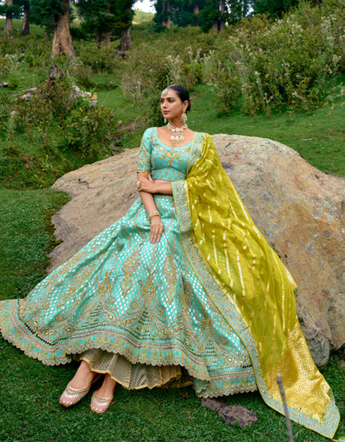 Designer Bridal Silk Heavy Lehenga Choli Collection Sky Blue Pure Raw Silk Lehenga Choli Close-up View