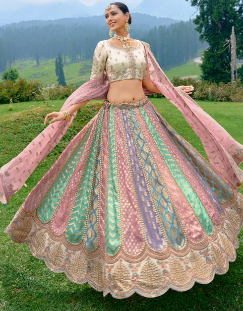 Designer Bridal Silk Heavy Lehenga Choli Collection Cream Pure Raw Silk Lehenga Choli Close-up View