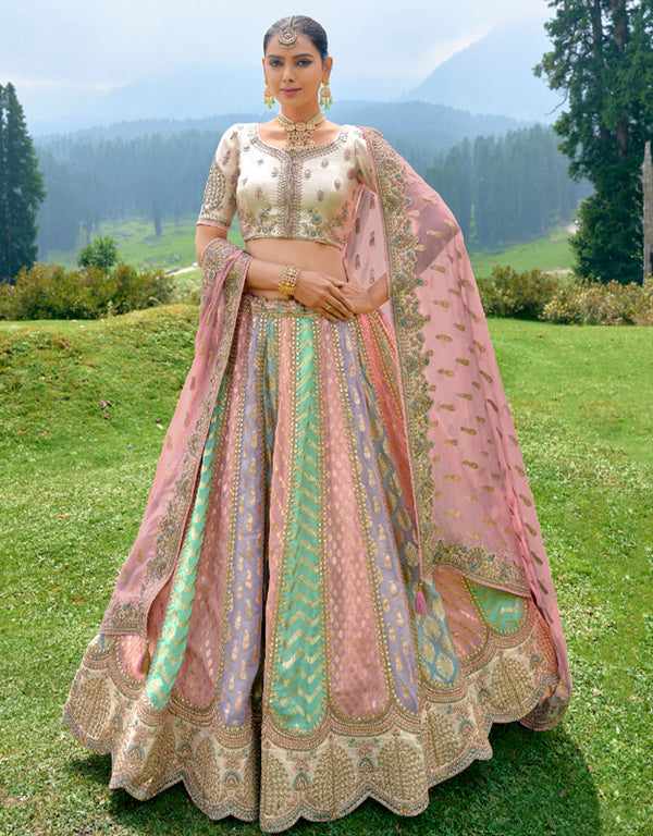 Designer Bridal Silk Heavy Lehenga Choli Collection Cream Pure Raw Silk Lehenga Choli Front View