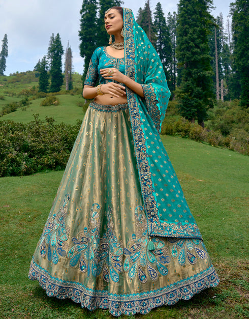 Designer Bridal Silk Heavy Lehenga Choli Collection Rama Blue Pure Raw Silk Lehenga Choli Close-up View