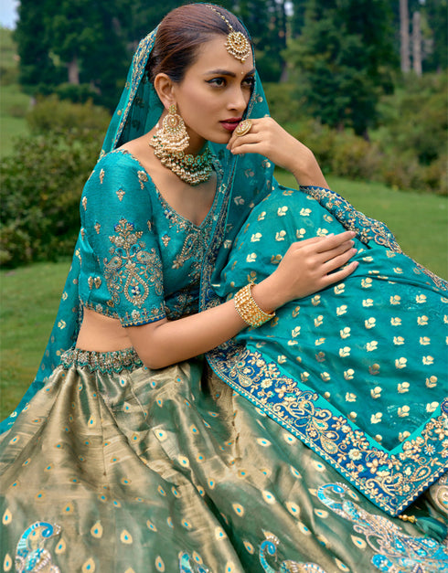 Designer Bridal Silk Heavy Lehenga Choli Collection Rama Blue Pure Raw Silk Lehenga Choli Front View