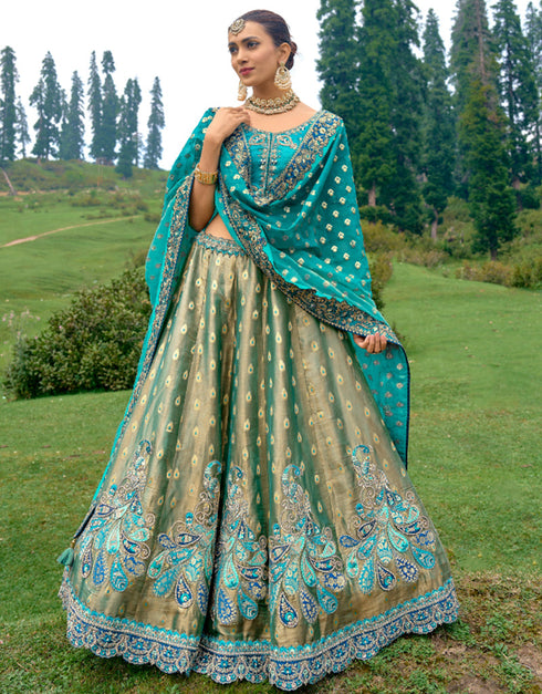 Designer Bridal Silk Heavy Lehenga Choli Collection Rama Blue Pure Raw Silk Lehenga Choli Front View