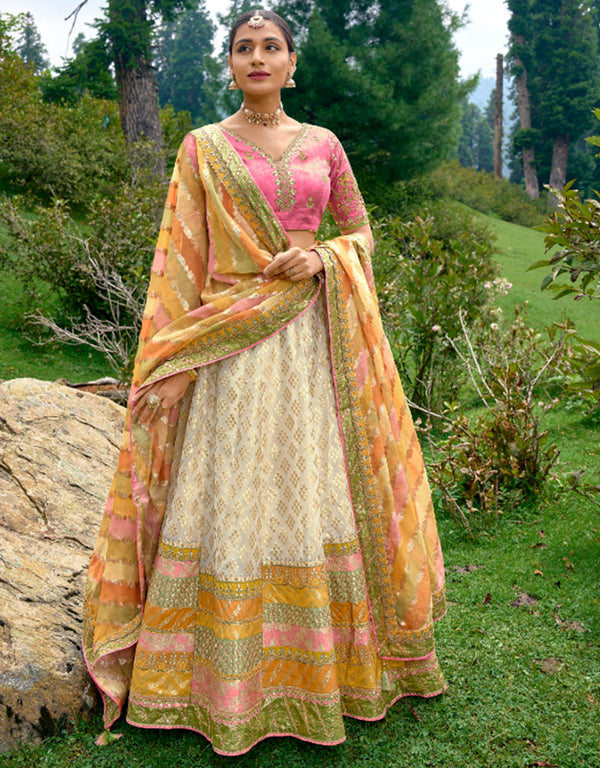 Designer Bridal Silk Heavy Lehenga Choli Collection Pink Pure Raw Silk Lehenga Choli Front View