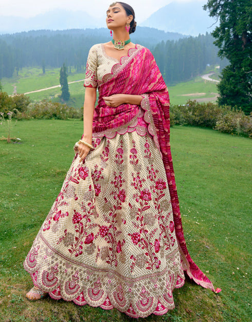 Designer Bridal Silk Heavy Lehenga Choli Collection Cream Pure Raw Silk Lehenga Choli Close-up View