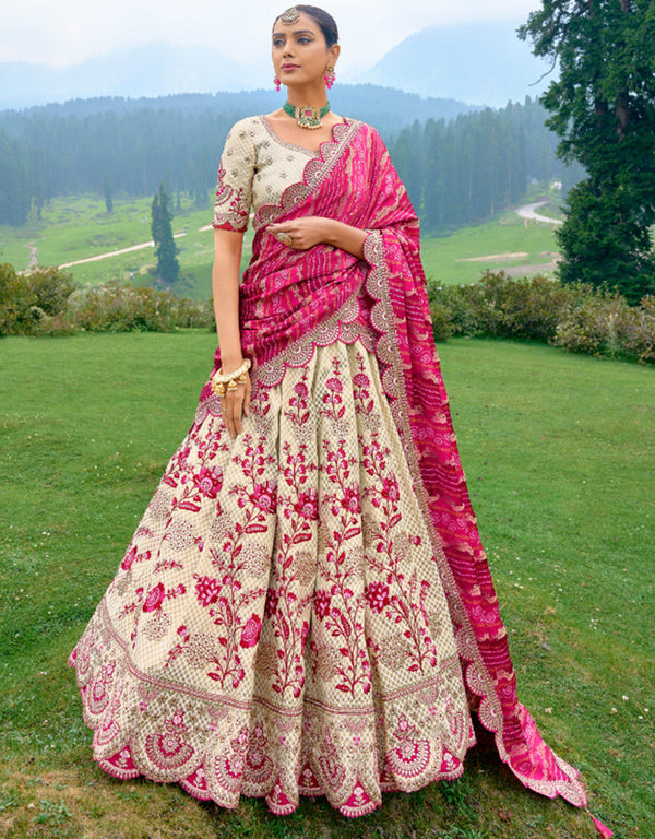 Designer Bridal Silk Heavy Lehenga Choli Collection Cream Pure Raw Silk Lehenga Choli Front View