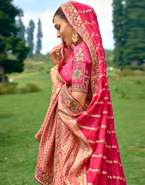 Designer Bridal Silk Heavy Lehenga Choli Collection Pink Pure Raw Silk Lehenga Choli Front View