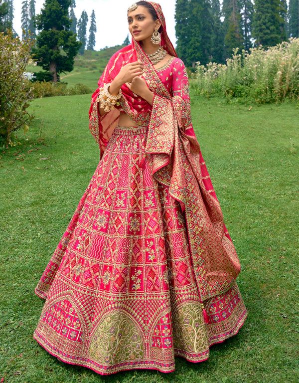 Designer Bridal Silk Heavy Lehenga Choli Collection Pink Pure Raw Silk Lehenga Choli Front View