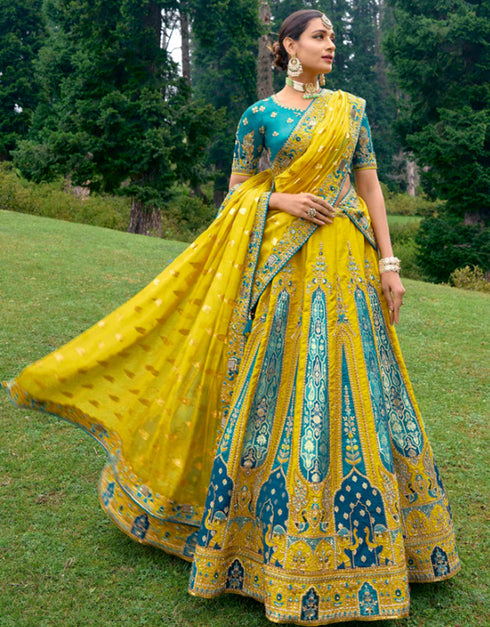 Designer Bridal Silk Heavy Lehenga Choli Collection Rama Blue Pure Raw Silk Lehenga Choli Close-up View