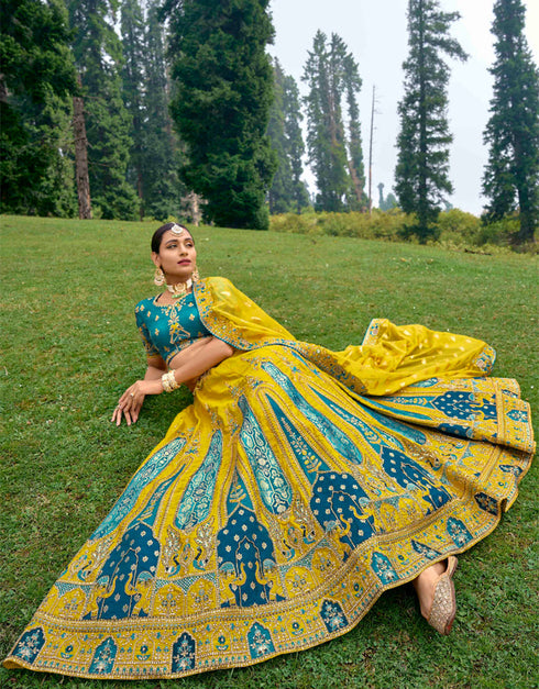 Designer Bridal Silk Heavy Lehenga Choli Collection Rama Blue Pure Raw Silk Lehenga Choli Back View