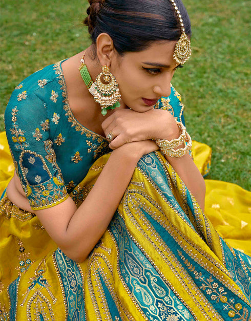 Designer Bridal Silk Heavy Lehenga Choli Collection Rama Blue Pure Raw Silk Lehenga Choli Front View