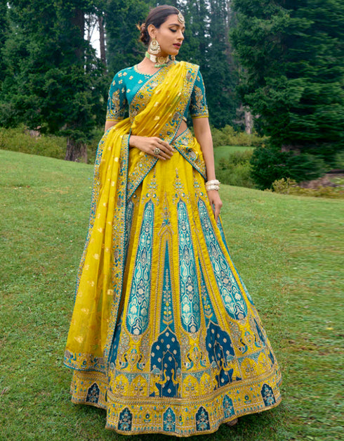 Designer Bridal Silk Heavy Lehenga Choli Collection Rama Blue Pure Raw Silk Lehenga Choli Front View