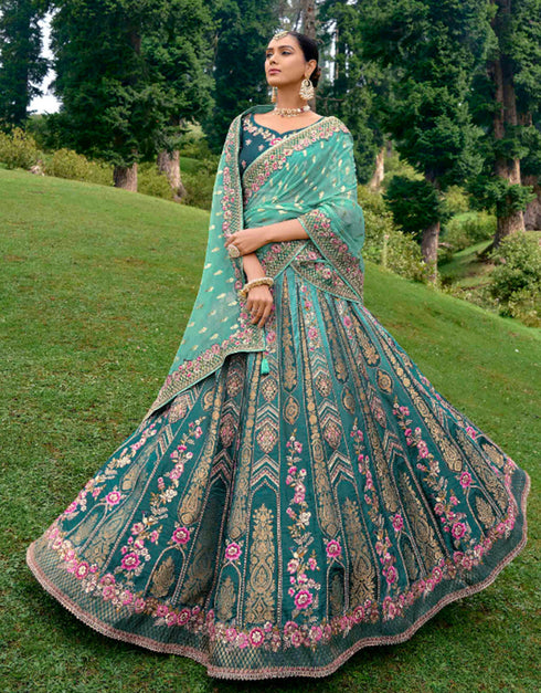 Designer Bridal Silk Heavy Lehenga Choli Collection Teal Blue Pure Raw Silk Lehenga Choli Close-up View