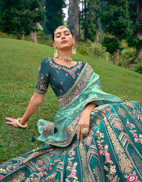 Designer Bridal Silk Heavy Lehenga Choli Collection Teal Blue Pure Raw Silk Lehenga Choli Front View