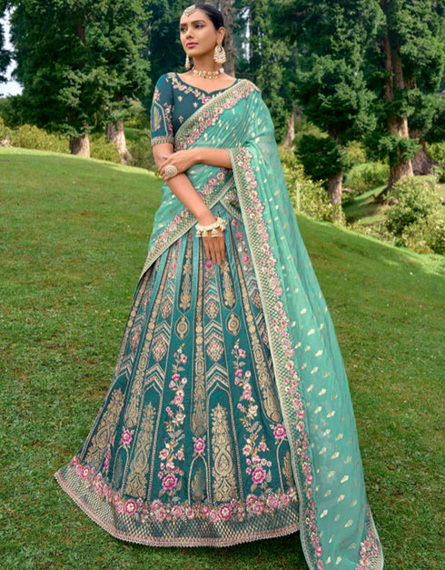 Designer Bridal Silk Heavy Lehenga Choli Collection Teal Blue Pure Raw Silk Lehenga Choli Front View