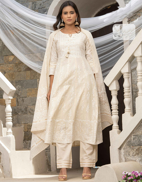 Traditional Function Wear Readymade Cotton Cambric Suit Collection Cream Cotton Cambric Pant Straight Front View