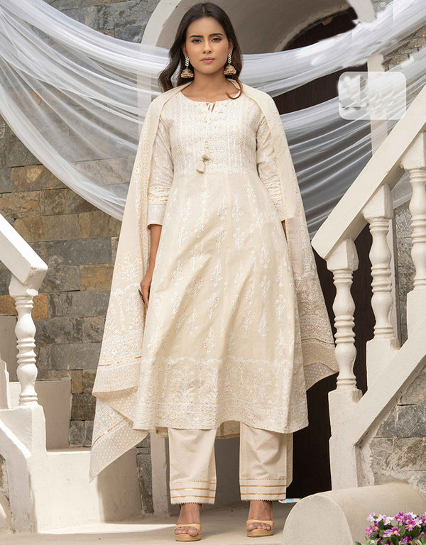 Traditional Function Wear Readymade Cotton Cambric Suit Collection Cream Cotton Cambric Pant Straight Front View