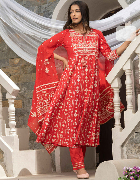 Traditional Function Wear Readymade Cotton Cambric Suit Collection Red Cotton Cambric Pant Straight Front View