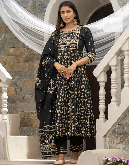 Traditional Function Wear Readymade Cotton Cambric Suit Collection Black Cotton Cambric Pant Straight Front View