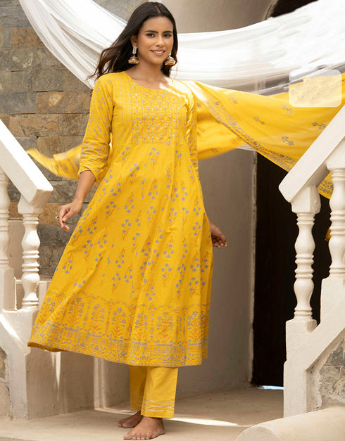 Traditional Function Wear Readymade Cotton Cambric Suit Collection Yellow Cotton Cambric Pant Straight Front View