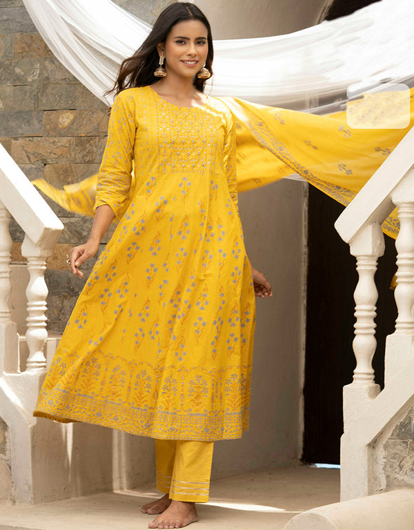 Traditional Function Wear Readymade Cotton Cambric Suit Collection Yellow Cotton Cambric Pant Straight Front View
