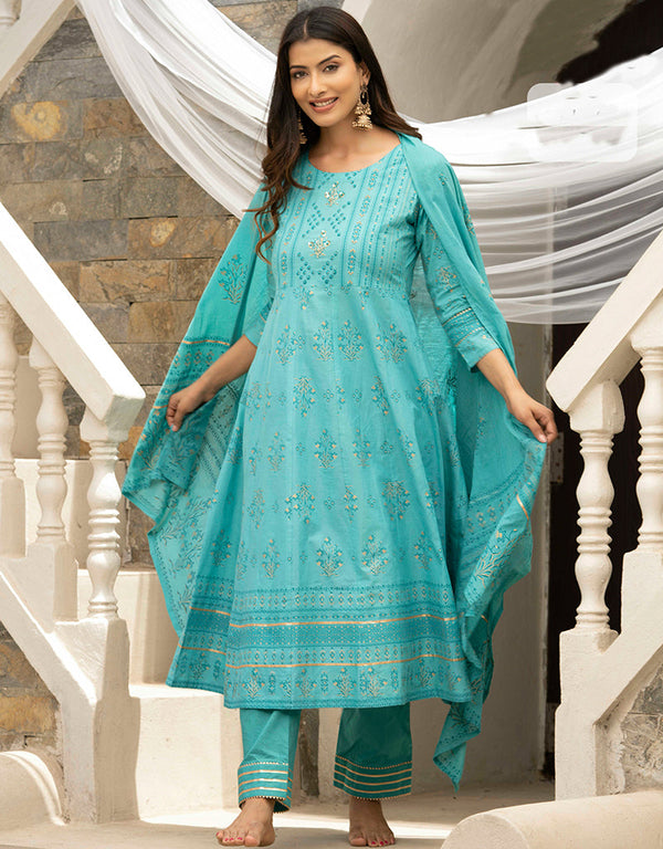 Traditional Function Wear Readymade Cotton Cambric Suit Collection Blue Cotton Cambric Pant Straight Front View