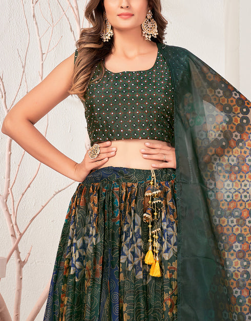 Designer Party Wear Readymade Organza Lehenga Choli Green Art Silk Lehenga Choli Back View