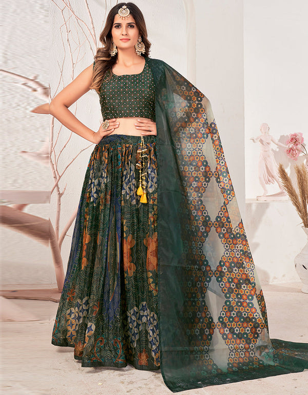 Designer Party Wear Readymade Organza Lehenga Choli Green Art Silk Lehenga Choli Front View